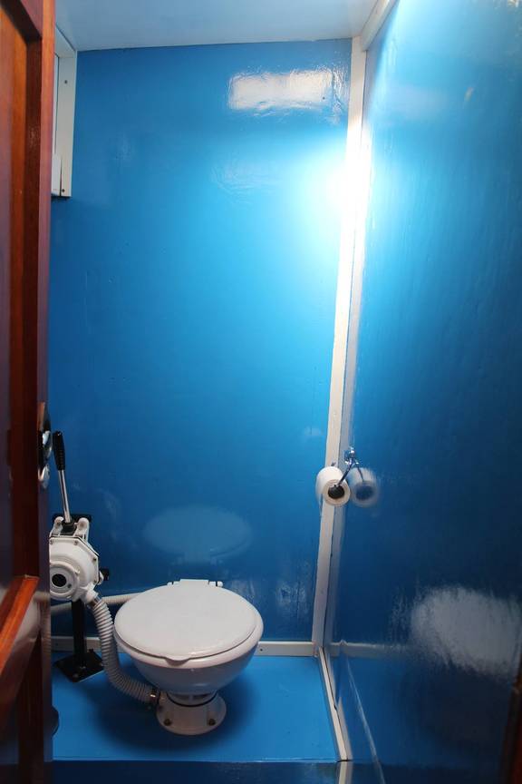 Toilet met blauwe wanden op de Anna Trijntje