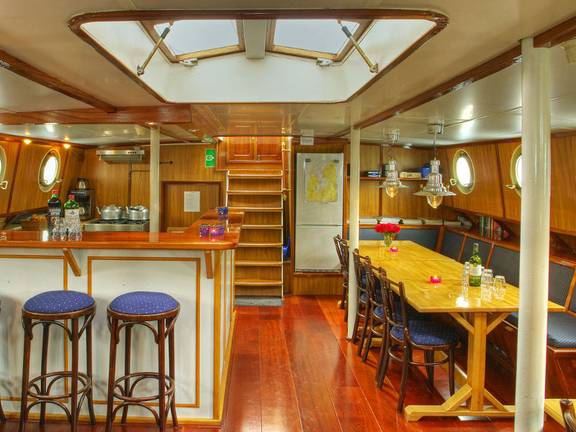 Salon met bar, eettafels en dakramen op de Avanti