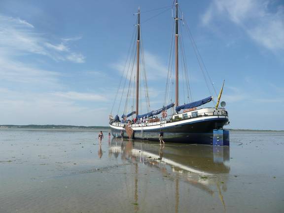 Gouwzee drooggevallen op het Wad onder een blauwe lucht