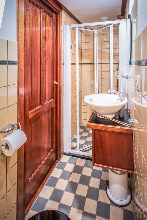 Badkamer van de Leafde fan Fryslân met douchecabine en wastafel