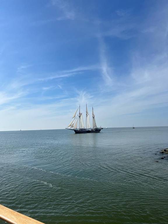 Driemaster Vrijheid zeilt op kalm water langs de kust
