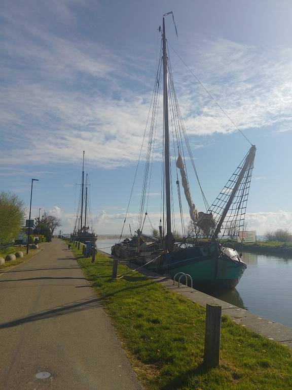 Tjalk Vrouwe Jitske afgemeerd langs een groene oever