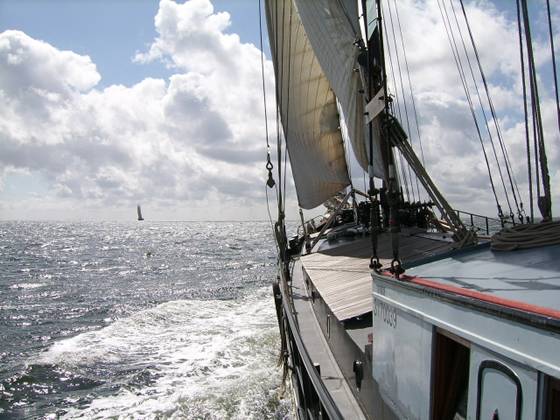 Uitzicht over het water vanaf het zijdek van de Waterman