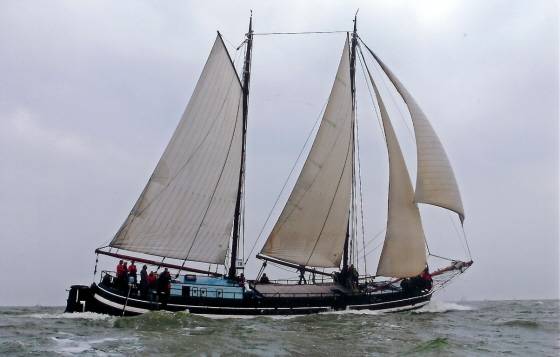 Klipper Waterman met witte zeilen op open water