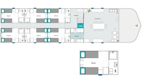Plattegrond van de Wilhelmina met zes tweepersoonshutten