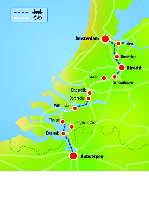 Kaart van de fietsvaarroute Amsterdam – Antwerpen