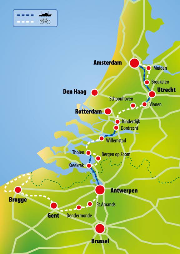 Kaart van de fietsvaarroute Amsterdam – Brugge