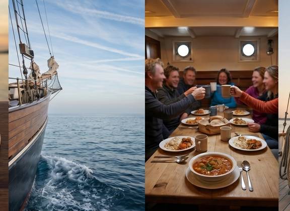 Kop koffie aan boord met uitzicht door een patrijspoort