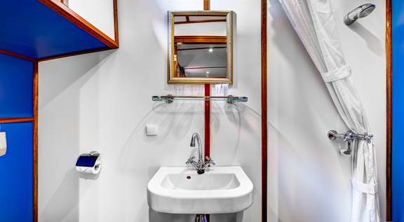 Badkamer met douche, wastafel en spiegel op de Mare fan Fryslân