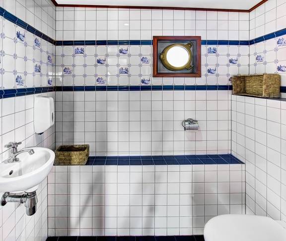 Toilet met wastafel en blauw-witte tegels op de Mare fan Fryslân